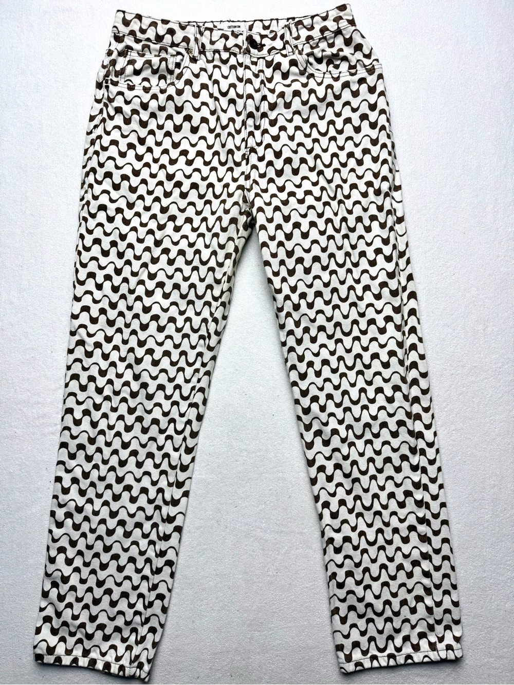 Cotton On Women's Straight Leg Jeans in White & Brown Wavy Print